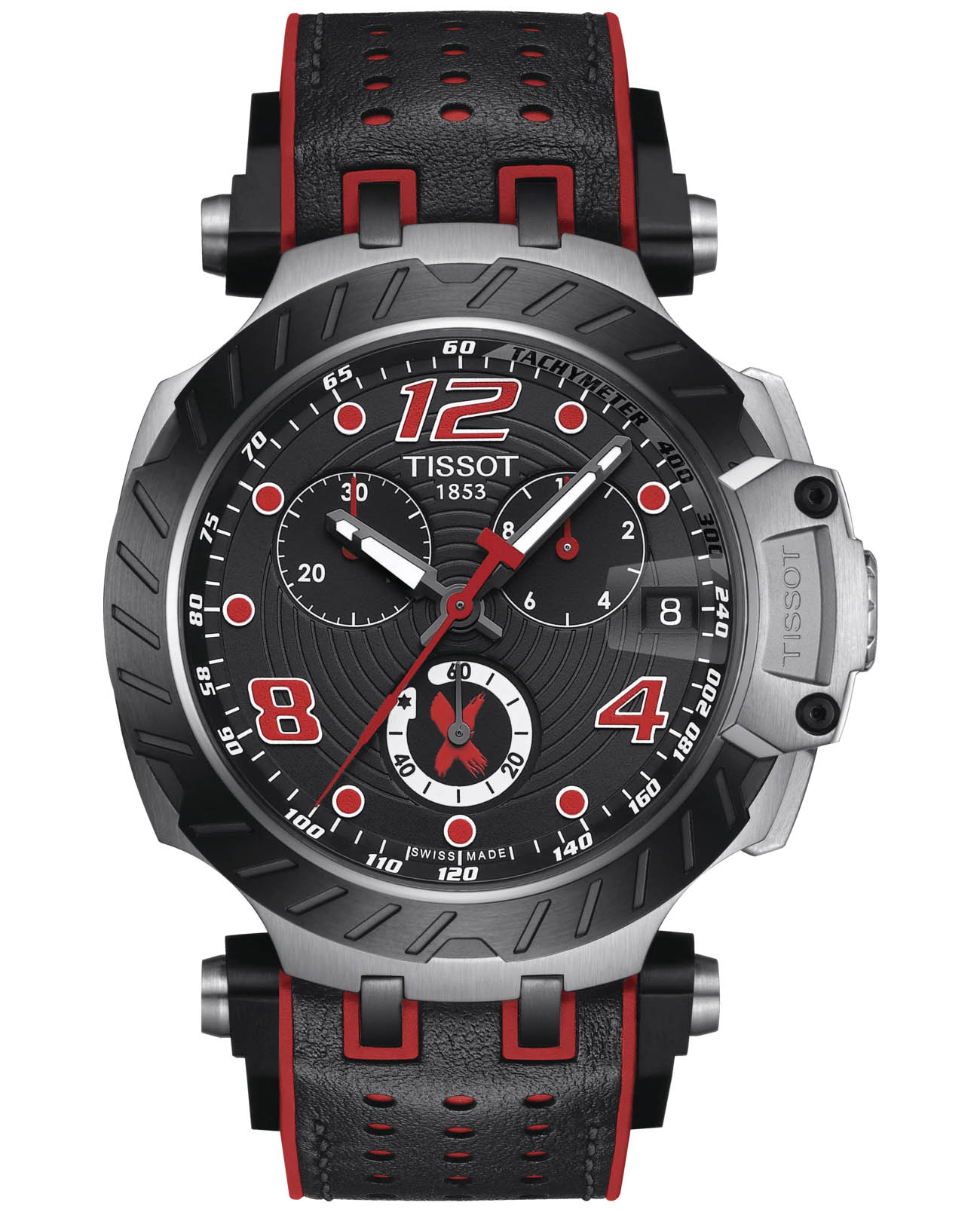 Tissot Tissot T-Race Jorge Lorenzo 2020 T115.417.27.057.02 T Race T1154172705702 кварцевые мужские часы черный циферблат, браслет каучук — вид спереди